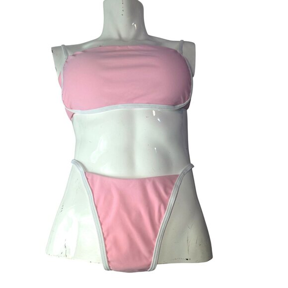 Pink Bikini Swimsuit 2 pc Set*Cheeky*White Trim & Tie Back*Sissy*Cosplay*XL*New - Picture 2 of 10